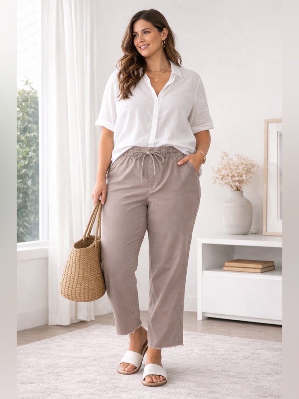 Rewash comfy pull on pants relaxed stretch drawstring neutral XL